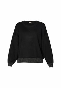 Pull noir à manches longues avec encolure ronde, coupe ample et poignets et ourlet côtelés présentant un petit motif à pois blancs.