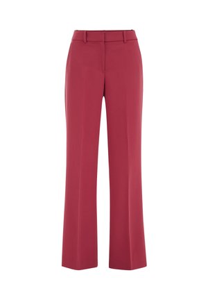 Pantalon rouge à coupe droite avec passants pour ceinture et fermeture éclair à l'avant, présenté sur un fond blanc.