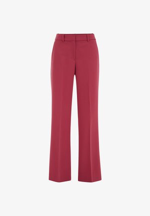 Rode rechte broek met riemlussen en een ritssluiting aan de voorkant, afgebeeld op een witte achtergrond.