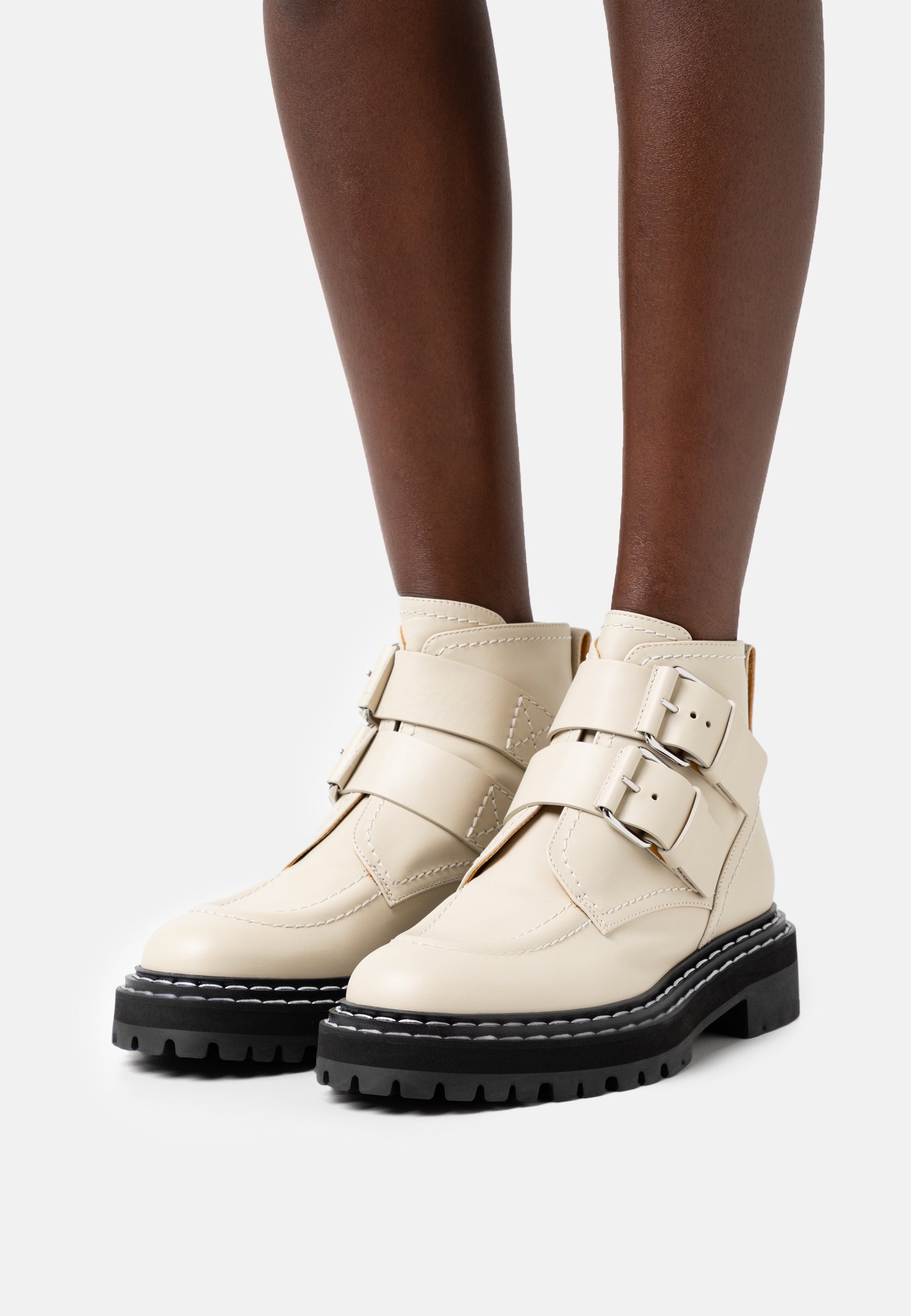 Proenza Schouler Lug Sole Buckle Boots Platform Ankle Boots Natural, Women's, Size: 5, Off-White - Calfskin
