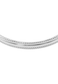 Bracciale in argento con un design liscio e curvo, impreziosito da dettagli a perline lungo i bordi. Finitura lucida con una texture riflettente.
