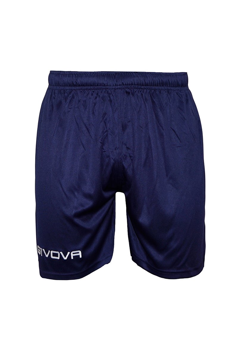 Pantaloni corti atletici blu navy realizzati in un tessuto liscio e leggero, con vita elastica e logo Givova ricamato sul lato sinistro-inferiore.