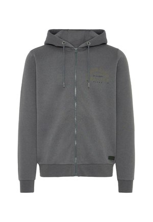 Grå zip-up hettegenser laget av mykt stoff, med logo-print foran, justerbar snor i hetten og ribbede mansjetter og nederkant.