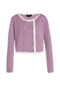 Lila cropped cardigan met lange mouwen, witte afwerking en decoratieve knoopsluitingen. Zachte gebreide textuur met een aansluitende silhouette.