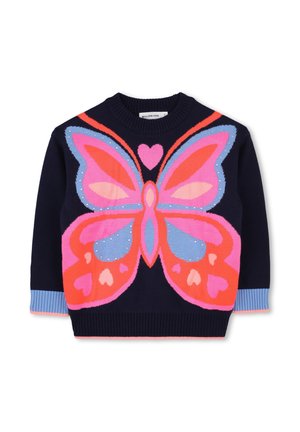 Marineblå børnesweater med stort rosa, rødt og blåt sommerfugledesign og små hjerter foran, lyseblå ribkanter.