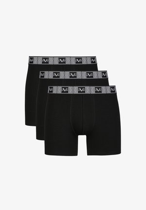 Black boxer briefs in a pack of three, made from soft material, featuring a white patterned waistband with a Greek key design.