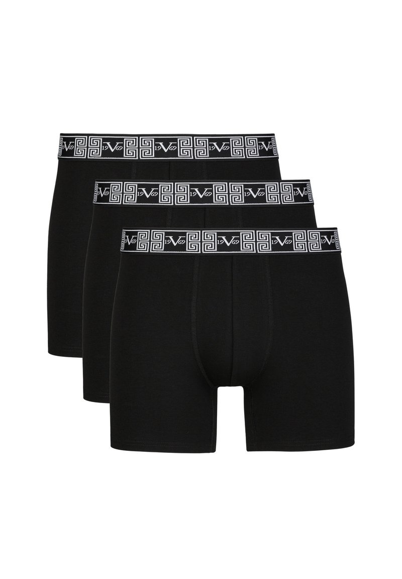 Black boxer briefs in a pack of three, made from soft material, featuring a white patterned waistband with a Greek key design.
