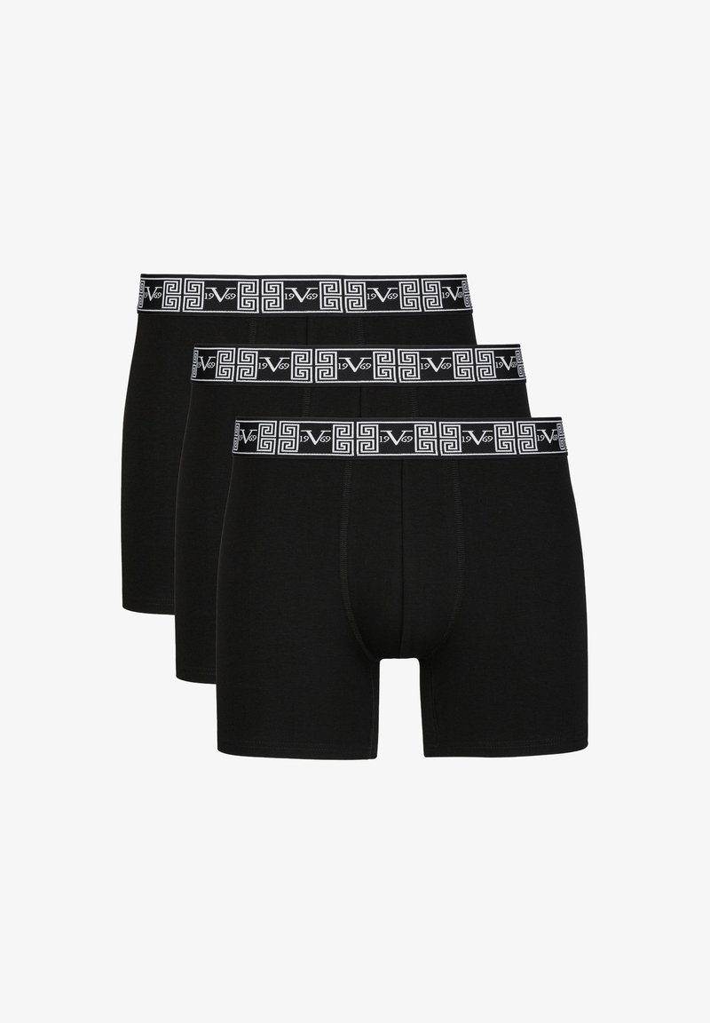 Black boxer briefs in a pack of three, made from soft material, featuring a white patterned waistband with a Greek key design.