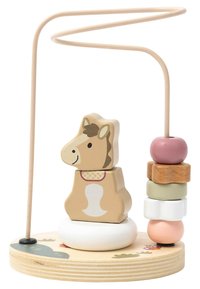 Wooden stacking toy featuring a horse shape, pastel-colored blocks in beige, pink, white, and green, with a round base and curved wire.