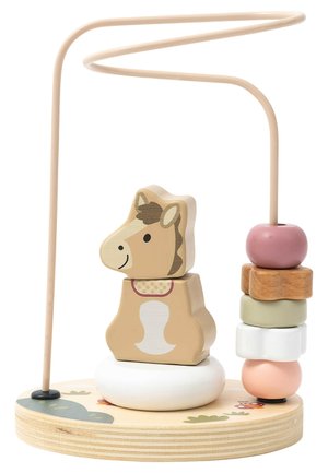 Wooden stacking toy featuring a horse shape, pastel-colored blocks in beige, pink, white, and green, with a round base and curved wire.