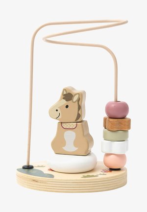 Wooden stacking toy featuring a horse shape, pastel-colored blocks in beige, pink, white, and green, with a round base and curved wire.