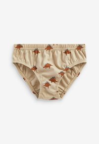 Beige bomuldsundertøj med et mønster af små brune og grå dinosaurer. Elastisk talje med rynkede sider for komfort.