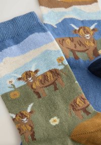 Farebné ponožky s motívom krajiny, ktoré zobrazujú kravy, modrú oblohu a kvety. Materiály zahŕňajú bavlnu a majú výrazné vzory a textúry.