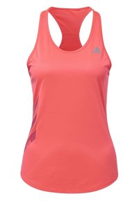 Débardeur de sport sans manches Adidas racerback rose corail avec petit logo Adidas gris sur le haut à gauche de la poitrine.