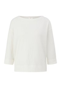 Valkoinen, teksturoitu paita, jossa on leveä pyöreä kaula-aukko ja kolme-neljäsosaa hihat, joissa on käännetyt hihansuut ja suora helma.
