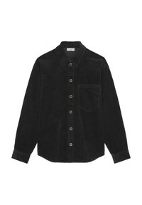 Černá manšestrová košile s dlouhými rukávy, zapínáním na knoflíky a jedním náprsním kapsou. Má klasický límec a žebrovanou strukturu.