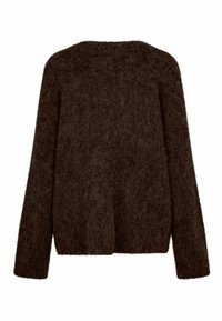 Brown fluffy sweater, featuring a loose fit, wide sleeves, and a textured surface. Simple design with a minimalistic style.