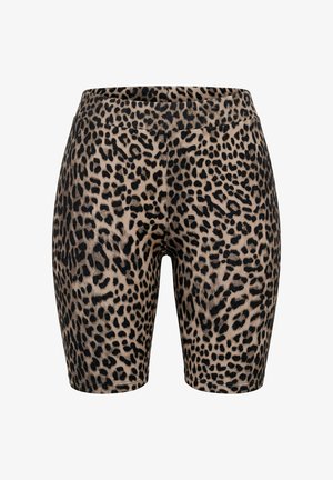 Leopardikuvioidut korkeavyötäröiset ribbineulospyöräilijäshortsit beigen ja mustan sävyissä, istuvalla siluetilla ja joustavalla vyötärönauhalla.
