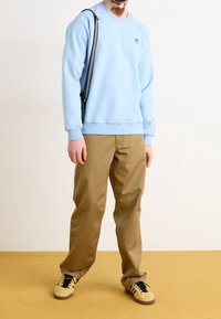 Ljusblå sweatshirt med rund halsringning och ribbade ärmmuddar, i kombination med beigefärgade chinos och krämvita sneakers med svarta ränder.