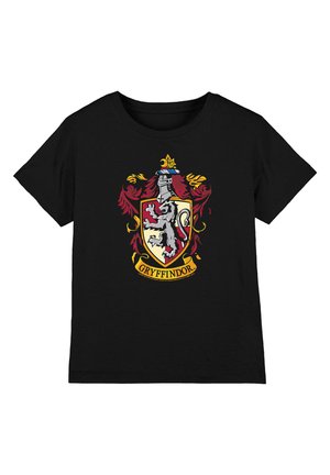 Black T-shirt with a colorful Gryffindor house crest featuring a lion, shield, helmet, and red and gold decorative elements.