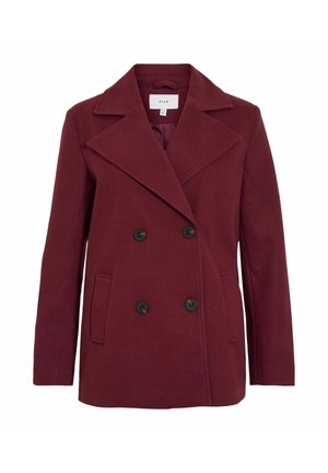 Cappotto doppiopetto in misto lana color bordeaux con grandi bottoni neri, rever a punta e tasche laterali. Texture liscia e vestibilità sartoriale.