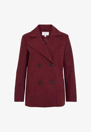 Bordeaux wollen blend dubbele-breasted jas met grote zwarte knopen, geknipte revers en zijzakken. Glad textuur en getailleerde pasvorm.