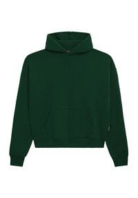 Grønn bomull hettegenser med en frontlomme, ribbestrikkede mansjetter og nederkant, med vanlig passform og justerbar hette med snor.