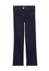 Donkerblauwe denim jeans met een rechte pasvorm, vijf zakken en contrasterende oranje stiksels langs de naden en zakken.