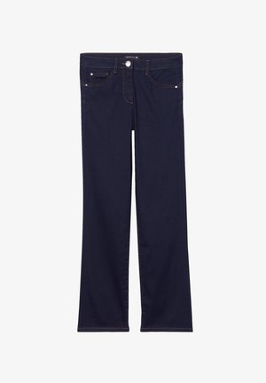 Jeans in denim blu scuro con una vestibilità a gamba dritta, design a cinque tasche e cuciture arancioni a contrasto lungo le cuciture e le tasche.