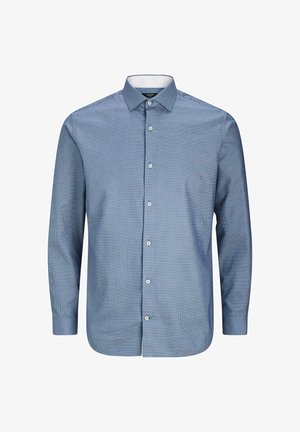 Kék kockás hosszú ujjú ing gombos gallérral, fehér gombokkal, texturált anyagból és enyhén szűkülő mandzsettákkal.