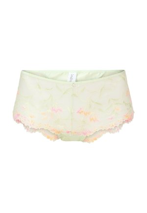 Boxer-briefs en maille vert clair avec broderie florale dans des tons de rose et d'orange. Bords festonnés et petite étiquette de marque à la taille.
