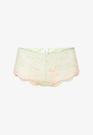 Boxer-briefs en maille vert clair avec broderie florale dans des tons de rose et d'orange. Bords festonnés et petite étiquette de marque à la taille.