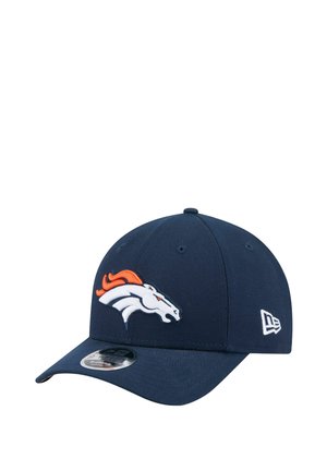Navy baseball cap made of fabric featuring an embroidered white and orange Denver Broncos logo on the front. Curved brim with adjustable back.