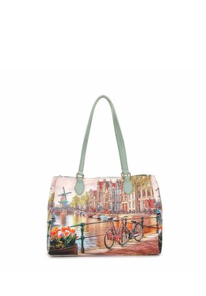 Borsa con manici verde chiaro che raffigura una colorata scena di un canale con biciclette, tulipani, un ponte e edifici tradizionali olandesi.