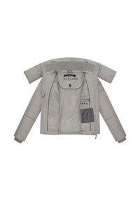 Helle beige gepolsterte Jacke flach ausgelegt mit ausgestreckten Ärmeln, Reißverschluss offen, der das Innenfutter und das Markenetikett "NAVAHOO" zeigt.