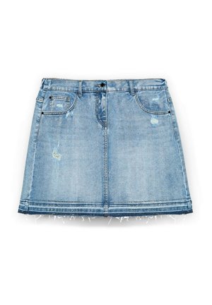 Mini-jupe en denim bleu clair, avec des détails déchirés, un ourlet effiloché, deux poches avant et un design classique à cinq poches.
