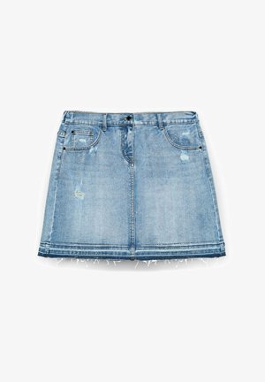 Gonna mini in denim blu chiaro, caratterizzata da dettagli strappati, orlo sfrangiato, due tasche frontali e un classico design a cinque tasche.