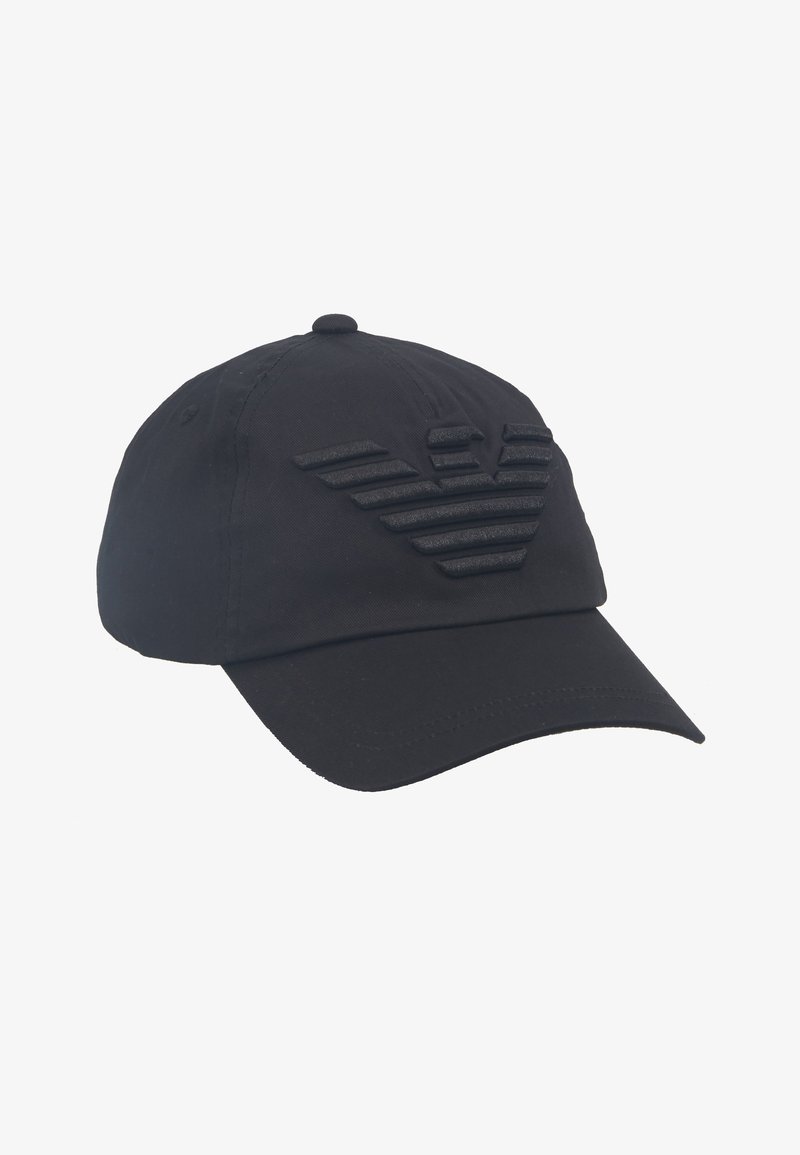 Black baseball cap made of cotton, featuring a textured, layered logo on the front. Curved visor and adjustable strap at the back.