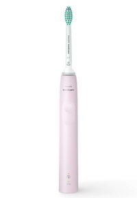 Spazzolino elettrico Philips Sonicare, manico rosa, forma arrotondata, testa bianca con punti di setole verdi e blu, pulsante di accensione, indicatori LED.