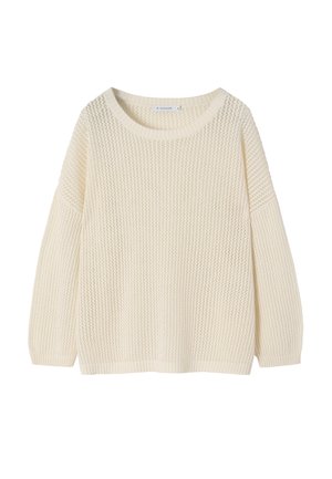 Cremefarbener gestrickter Pullover mit lockerer Passform, rundem Halsausschnitt und weiten Ärmeln. Verfügt über ein strukturiertes, offenes Strickmuster.