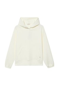Sudadera con capucha en tejido blanco roto, que cuenta con un bolsillo frontal tipo canguro, corte relajado, puños y dobladillo acanalados, y un pequeño detalle de logotipo en el dobladillo.