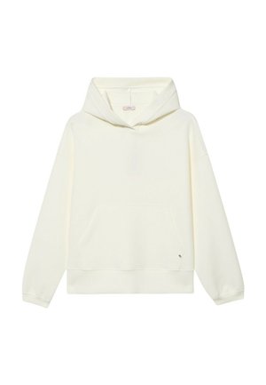 Kapuzensweatshirt aus elfenbeinfarbenem Stoff, mit einer Vordertasche, lässiger Passform, gerippten Bündchen und Saum sowie einem kleinen Logodetail am Saum.