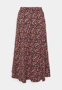 Svart midiskjol med röd och rosa blommönster, elastisk midja, utsvängd nederkant och lättviktsmaterial.