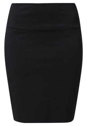 Svart blyantskjørt laget av stretchy stoff. Har en glat, tettsittende design med høy livhøyde og ingen synlige lukkinger eller sømmer.