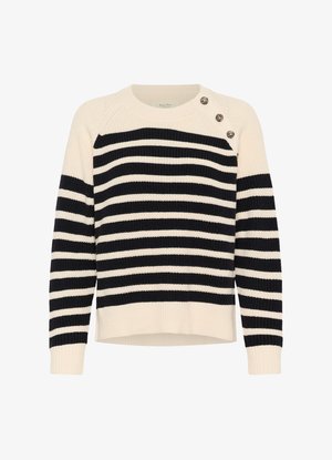 Maglione a righe in crema e blu navy, con texture a coste, colletto rotondo e tre bottoni sulla spalla.