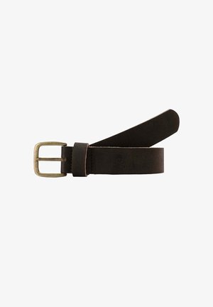 Brown fabric belt with a metallic silver buckle. Features a smooth texture and a straight design, suitable for casual or formal wear.