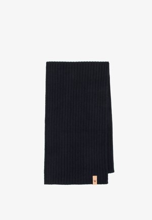 Sciarpa a coste in maglia di colore blu navy scuro con forma rettangolare. Presenta un'etichetta in pelle con una "W" in rilievo su un'estremità. Texture morbida.