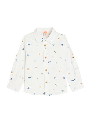 Langærmet hvid skjorte med farverige marine-tema prints, knaplukning foran og klassisk krave. Struktureret stof med en let fornemmelse.
