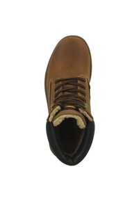 Brown leather lace-up boot with a padded collar, fleece lining, and textured rubber sole. Features metal eyelets and contrasting dark accents.