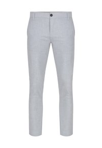 Jasnoszare spodnie o teksturowanej tkaninie, slim fit, z zapięciem na guzik i kieszeniami bocznymi. Dopasowany krój z minimalnymi detalami.